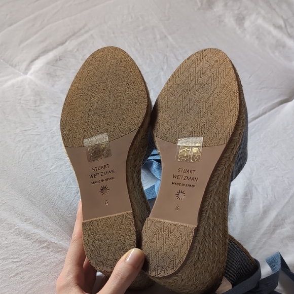 Stuart Weitzman Light Blue Denim Espadrille Wedge Sandals with Ankle Wraps - Picture 5 of 8